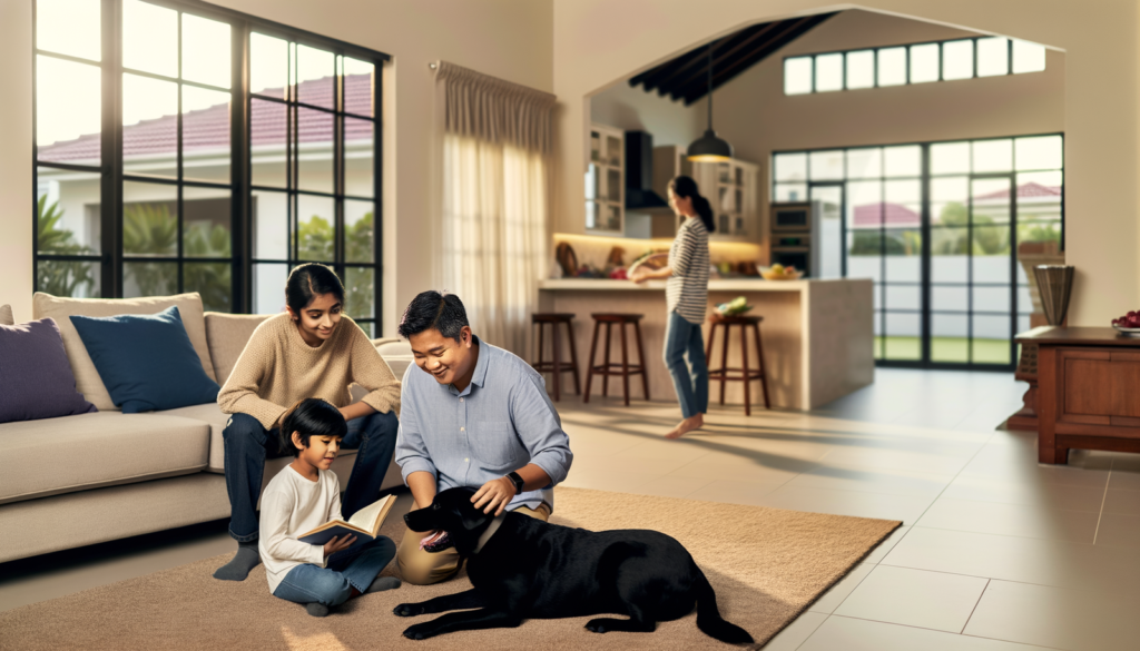 A family interacting at home in their mold free home. The home was built with mold resistant materials. This home would be great for people with mold sensitivity or mold related illness.